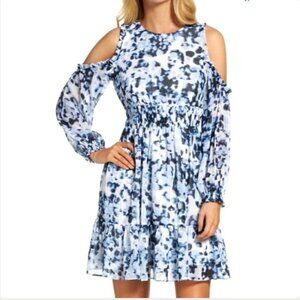 Eliza J Blue Watercolor Animal Print Long Sleeve Cold Shoulder Dress Women's